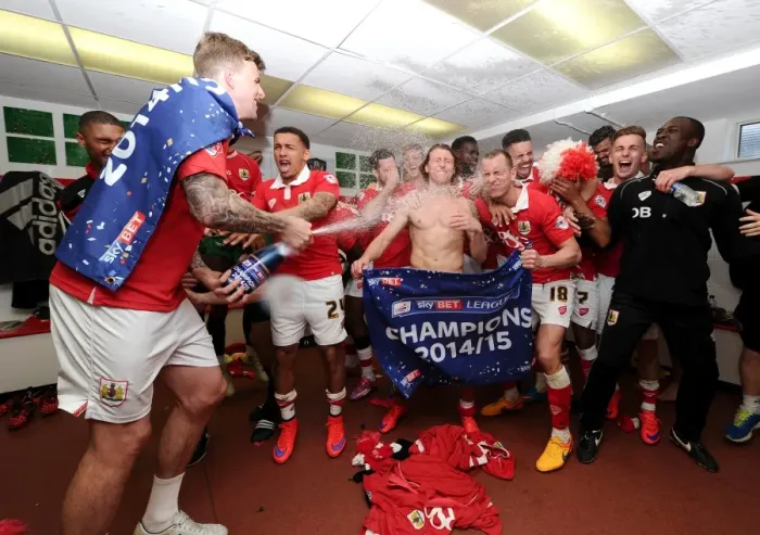 Framed Print : Bristol City: Unforgettable Championship Celebrations in the Changing Room (April 2015) Framed Print : Bristol City: Unforgettable Championship Celebrations in the Changing Room (April 2015)