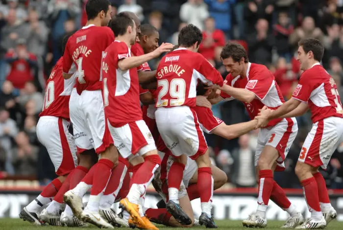Framed Print : Bristol City: Unified Ecstasy - McCombe's Goal Celebration vs Hull City Framed Print : Bristol City: Unified Ecstasy - McCombe's Goal Celebration vs Hull City