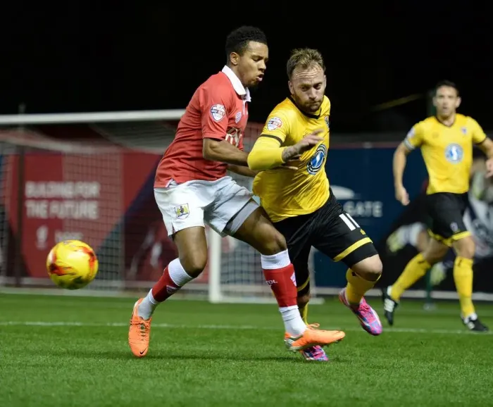 Framed Print : Bristol City vs AFC Wimbledon: Korey Smith vs Sean Rigg Battle for the Ball