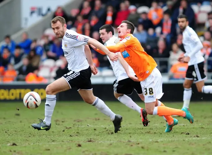 Framed Print : Bristol City vs Blackpool: Dramatic Moment as Liam Kelly Brings Down Matt Derbyshire Framed Print : Bristol City vs Blackpool: Dramatic Moment as Liam Kelly Brings Down Matt Derbyshire