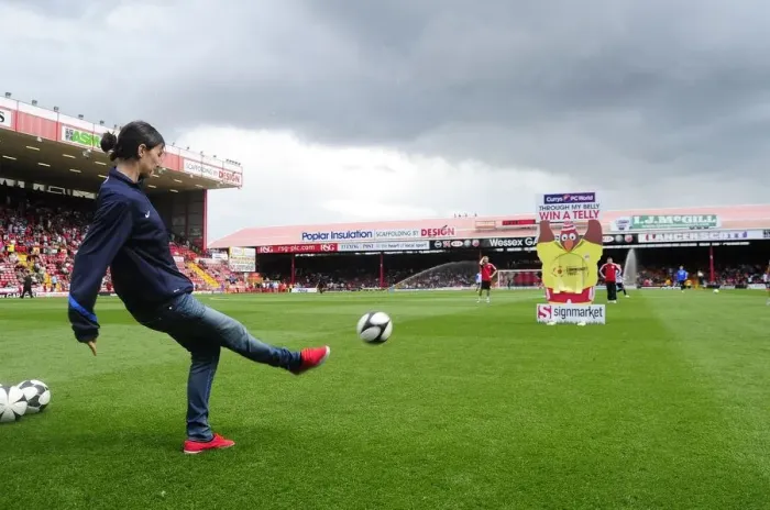 Framed Print : Bristol City vs Bradford City: Natalia Pablos Sanchon Takes on the Through My Belly Challenge at Ashton Gate, 2013 Framed Print : Bristol City vs Bradford City: Natalia Pablos Sanchon Takes on the Through My Belly Challenge at Ashton Gate, 2013