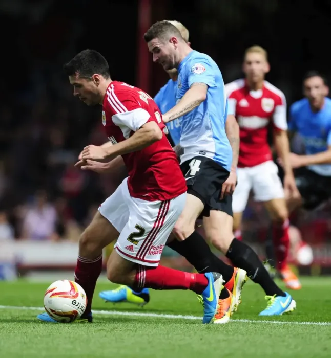 Framed Print : Bristol City vs Bradford City: Tense Moment as Brendon Moloney is Pressured