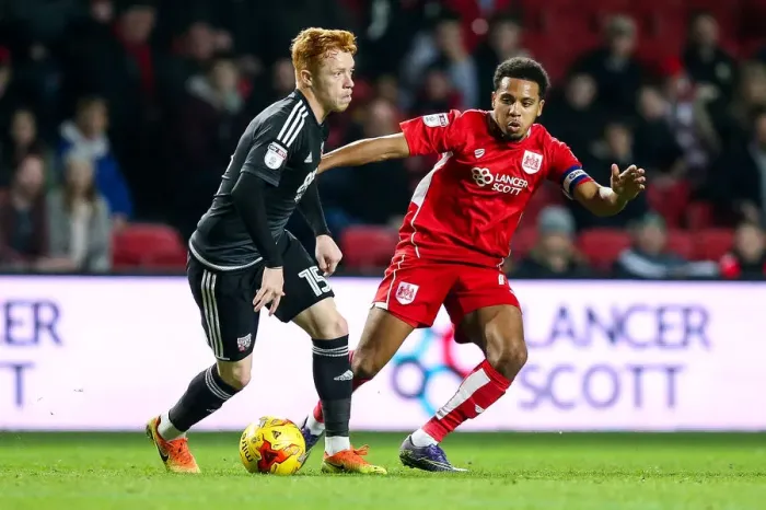 Framed Print : Bristol City vs Brentford: Clash Between Korey Smith and Ryan Woods Framed Print : Bristol City vs Brentford: Clash Between Korey Smith and Ryan Woods
