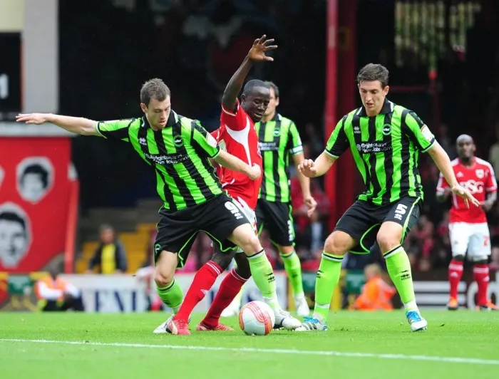 Framed Print : Bristol City vs Brighton: Albert Adomah Fights for Possession against Ashley Barnes and Lewis Dunk (Championship Match, 10-09-2011)
