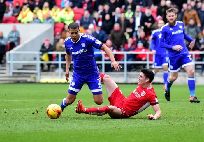 Framed Print : Bristol City vs. Cardiff City: O'Dowda Takes a Hard Fall from Peltier's Challenge