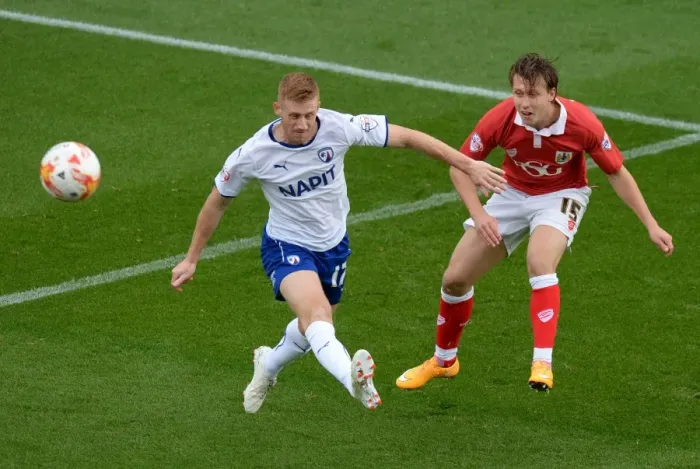 Framed Print : Bristol City vs Chesterfield: Luke Freeman Clears Under Pressure from Eoin Doyle