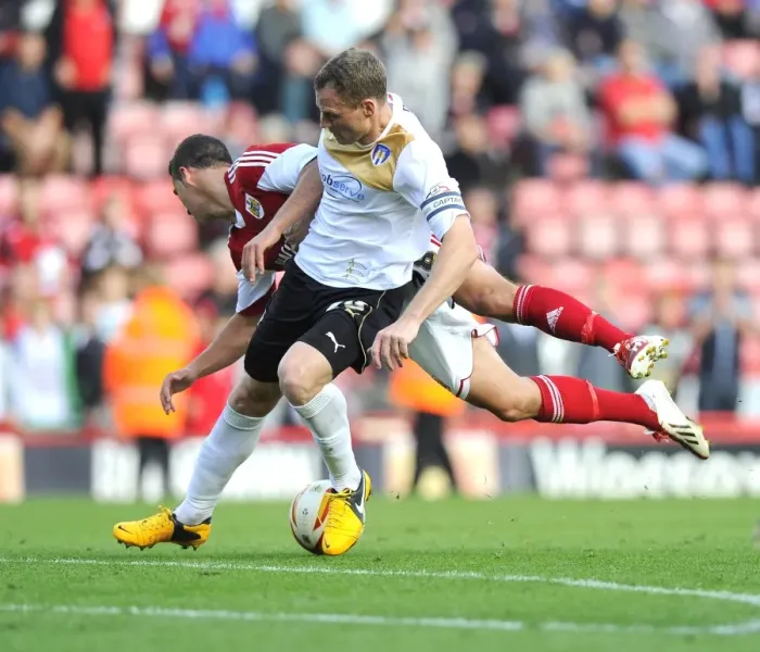 Framed Print : Bristol City vs Colchester United: McLaughlin Fouled by Wilson Framed Print : Bristol City vs Colchester United: McLaughlin Fouled by Wilson