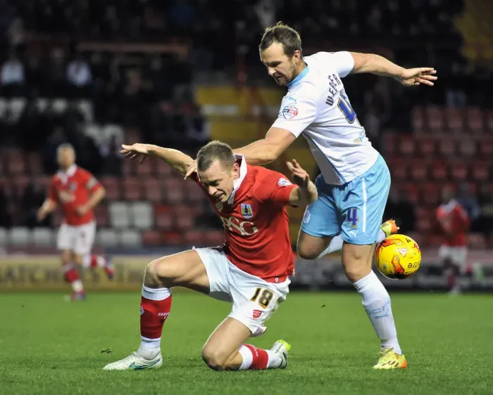 Framed Print : Bristol City vs Coventry City: Wilbraham Fouls Webster in Johnstones Paint Trophy Clash Framed Print : Bristol City vs Coventry City: Wilbraham Fouls Webster in Johnstones Paint Trophy Clash