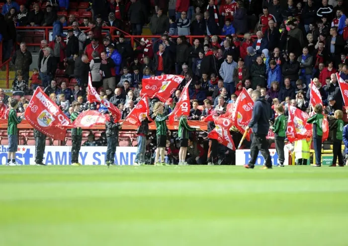 Framed Print : Bristol City vs Crewe: Flag Bearers at Ashton Gate, Sky Bet League One (April 2014) Framed Print : Bristol City vs Crewe: Flag Bearers at Ashton Gate, Sky Bet League One (April 2014)