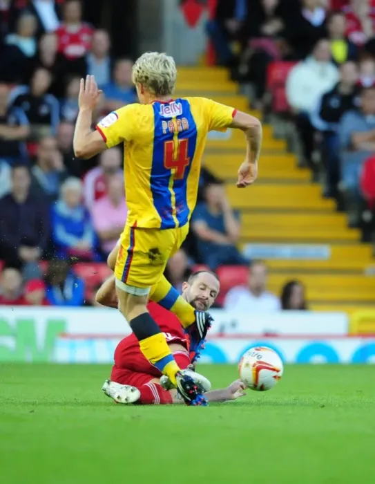 Framed Print : Bristol City vs Crystal Palace: Carey Tackles Parr in Intense Championship Clash, 2012
