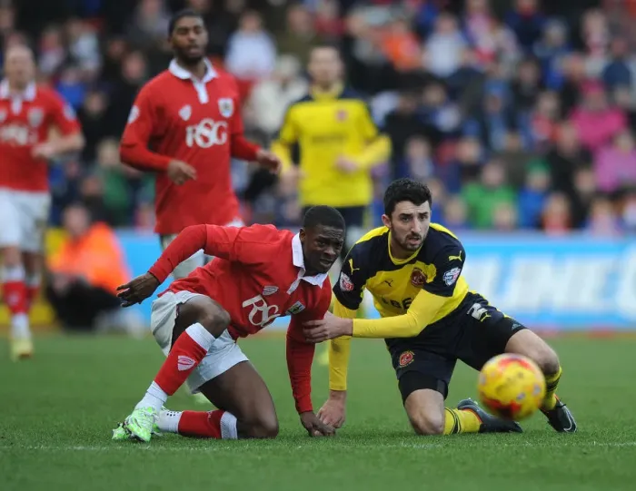 Framed Print : Bristol City vs Fleetwood Town: Agard and McLaughlin Eye the Loose Ball during Sky Bet League One Clash at Ashton Gate