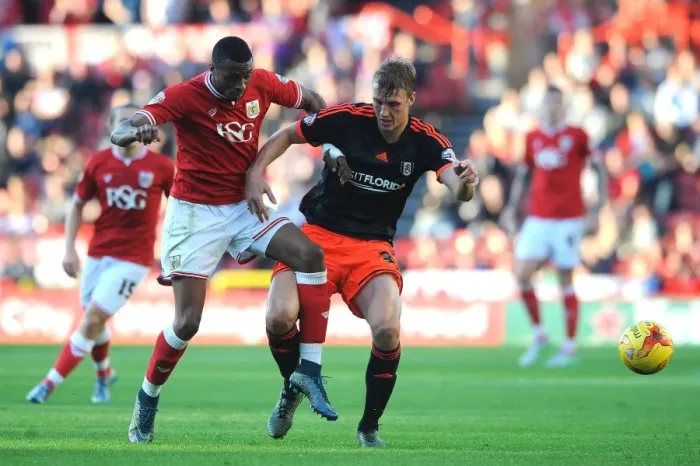 Framed Print : Bristol City vs Fulham: Intense Battle for the Ball between Kodjia and Burn Framed Print : Bristol City vs Fulham: Intense Battle for the Ball between Kodjia and Burn