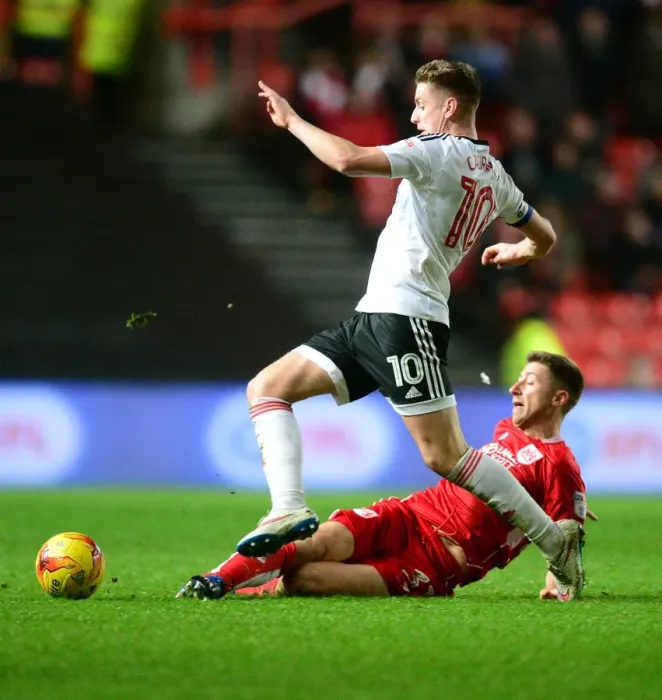 Framed Print : Bristol City vs Fulham: Jens Hegeler Tackles Tom Cairney in Championship Clash