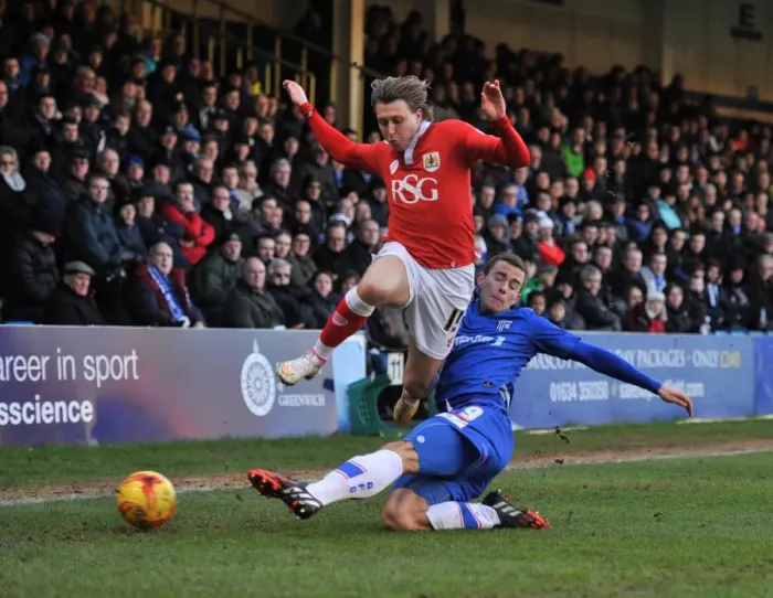 Framed Print : Bristol City vs Gillingham: Luke Freeman Tackled by Harry Lennon during Sky Bet League One Clash at Priestfield Stadium, December 2014