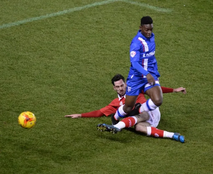 Framed Print : Bristol City vs Gillingham: Greg Cunningham Tackles Jermaine McGlashan in Johnstone's Paint Trophy Southern Area Final