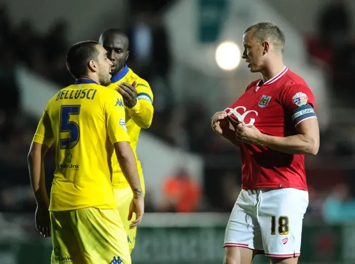 Framed Print : Bristol City vs Leeds United: Intense Moment Between Aaron Wilbraham and Giuseppe Bellusci