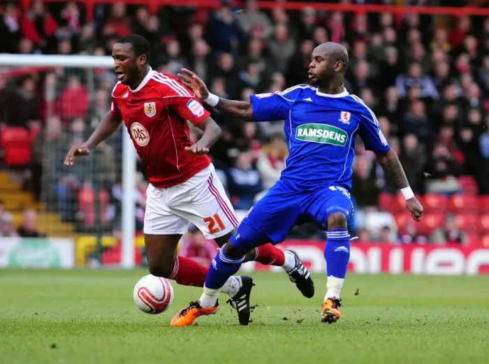 Framed Print : Bristol City vs Middlesbrough: Leroy Lita Fouls Kalifa Cisse in Championship Clash at Ashton Gate Stadium (15 / 01 / 2011)