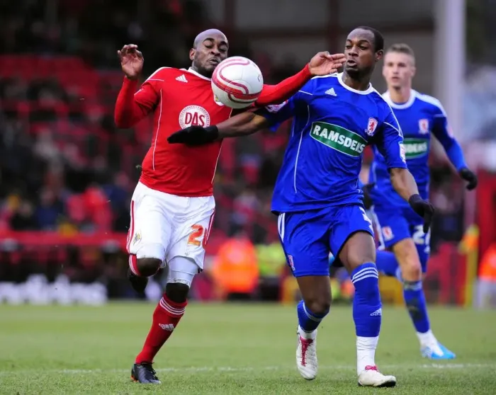 Framed Print : Bristol City vs. Middlesbrough: Intense Battle Between Jamal Campbell-Ryce and Justin Hoyte in Championship Match Framed Print : Bristol City vs. Middlesbrough: Intense Battle Between Jamal Campbell-Ryce and Justin Hoyte in Championship Match
