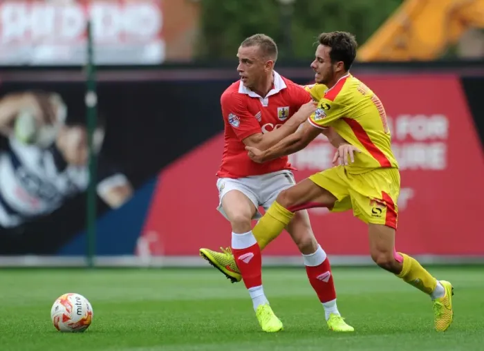 Framed Print : Bristol City vs MK Dons: Intense Moment as Wilbraham Clashes with Baldock Framed Print : Bristol City vs MK Dons: Intense Moment as Wilbraham Clashes with Baldock