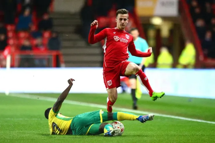 Framed Print : Bristol City vs. Norwich City: Joe Bryan Tackled by Alexander Tettey