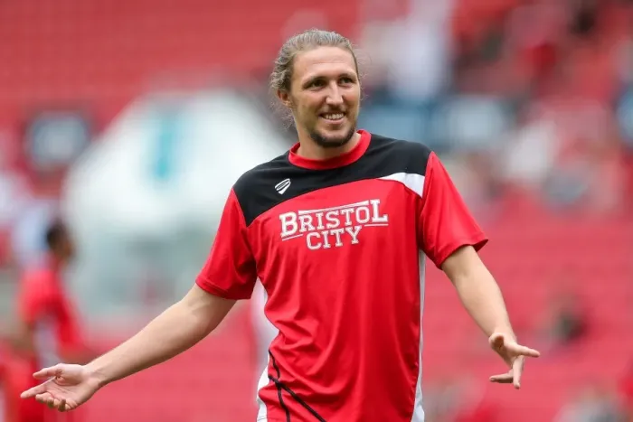 Framed Print : Bristol City vs Portsmouth: Luke Ayling's Intense Stare at Ashton Gate Stadium (Pre-Season Friendly)