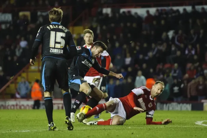 Framed Print : Bristol City vs Stevenage: Intense Clash between Michael Doughty and Louis Carey
