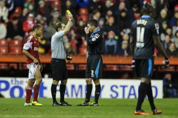 Framed Print : Bristol City vs Stevenage: Sam Wedgbury Shown Yellow Card in Sky Bet League One Clash Framed Print : Bristol City vs Stevenage: Sam Wedgbury Shown Yellow Card in Sky Bet League One Clash