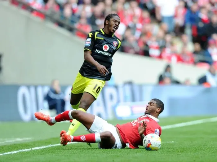 Framed Print : Bristol City vs Walsall: Mark Little Fouled by Romaine Sawyers in Johnstone's Paint Trophy Final Framed Print : Bristol City vs Walsall: Mark Little Fouled by Romaine Sawyers in Johnstone's Paint Trophy Final
