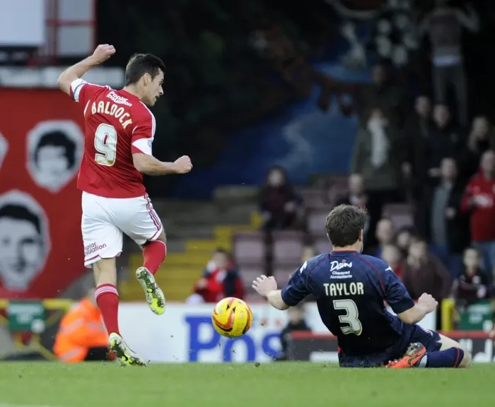 Framed Print : Bristol City vs Walsall: Sam Baldock's Shot Blocked by Andy Taylor Framed Print : Bristol City vs Walsall: Sam Baldock's Shot Blocked by Andy Taylor