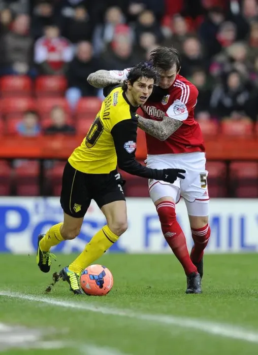 Framed Print : Bristol City vs. Watford: Aden Flint vs. Diego Fabbrini Battle for the Ball in FA Cup Third Round Framed Print : Bristol City vs. Watford: Aden Flint vs. Diego Fabbrini Battle for the Ball in FA Cup Third Round