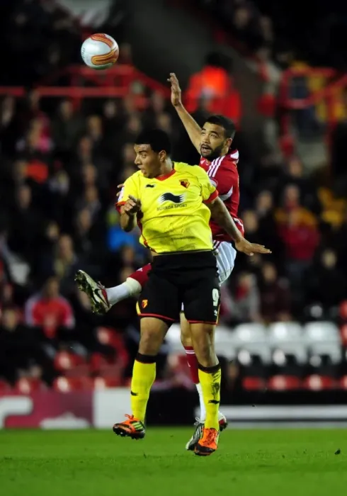 Framed Print : Bristol City vs. Watford: Aerial Showdown - Liam Fontaine vs. Troy Deeney, 2012 Framed Print : Bristol City vs. Watford: Aerial Showdown - Liam Fontaine vs. Troy Deeney, 2012