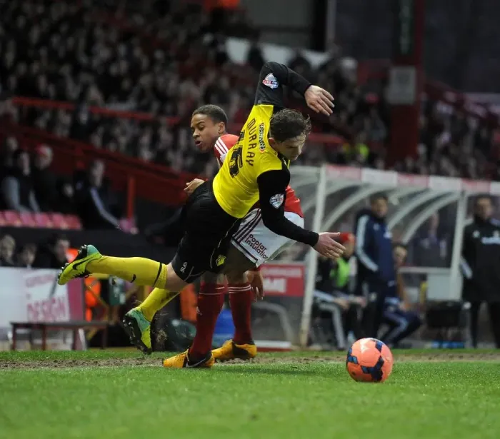 Framed Print : Bristol City vs. Watford: Bobby Reid Fouls Sean Murray in FA Cup Clash at Ashton Gate Framed Print : Bristol City vs. Watford: Bobby Reid Fouls Sean Murray in FA Cup Clash at Ashton Gate