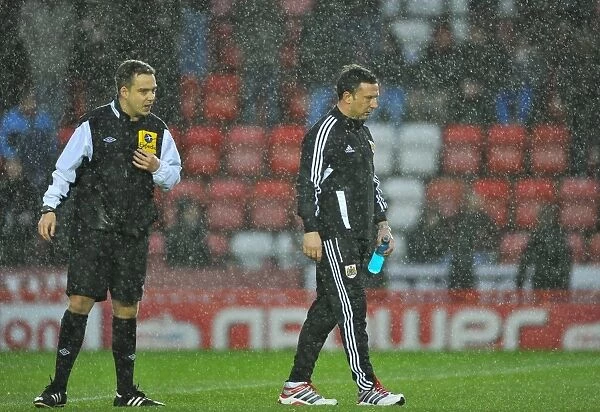 Bristol City vs. Watford: Derek McInnes Discusses with Referee Michael Naylor Before Game Postponement (December 2012)