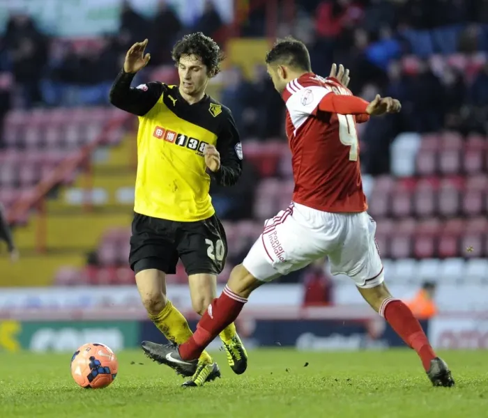 Framed Print : Bristol City vs. Watford: Intense Clash between Liam Fontaine and Diego Fabbrini at Ashton Gate - FA Cup Third Round