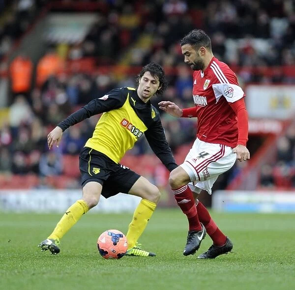 Bristol City vs. Watford: Liam Fontaine Evasive Move Against Diego Fabbrini during FA Cup Third Round