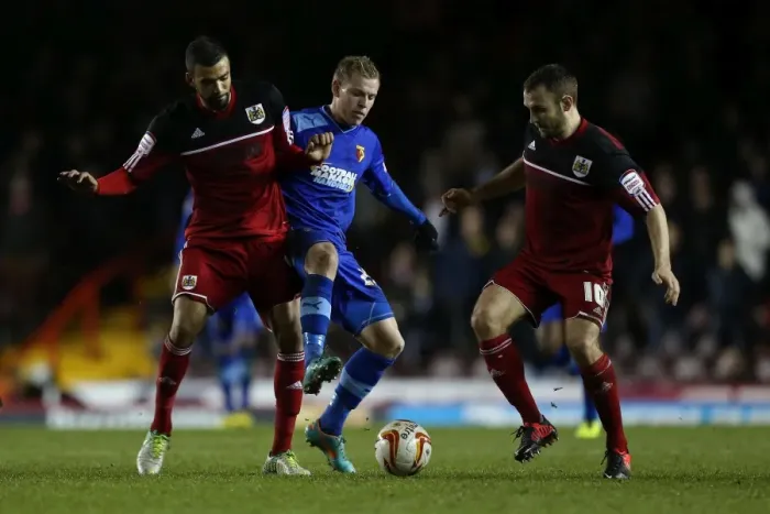 Framed Print : Bristol City vs. Watford: Liam Fontaine and Liam Kelly Shut Down Ikechi Anya