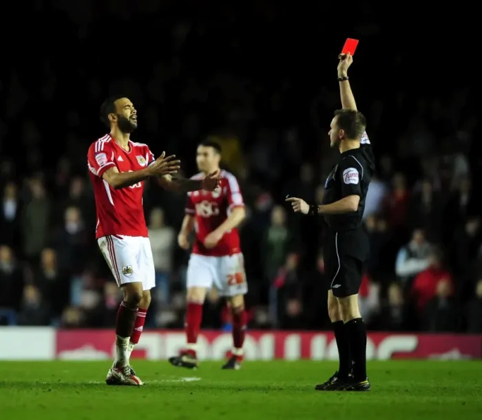 Framed Print : Bristol City vs. Watford: Liam Fontaine Red-Carded at Ashton Gate Stadium (2012)