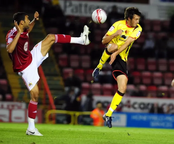 Framed Print : Bristol City vs. Watford: Liam Fontaine vs. Will Buckley - Aerial Battle in Championship Football, September 2010