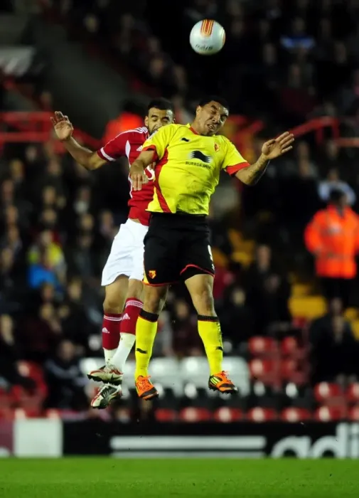 Framed Print : Bristol City vs. Watford: Liam Fontaine vs. Troy Deeney's Aerial Battle at Ashton Gate Stadium, 2012