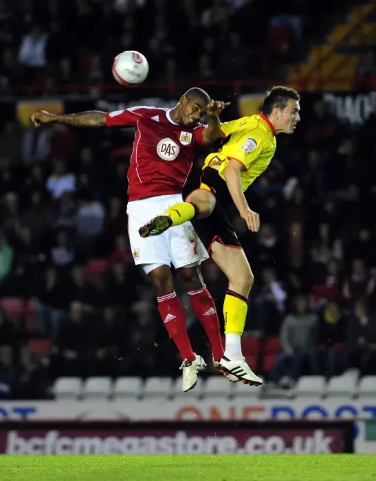 Framed Print : Bristol City vs Watford: Marvin Elliott vs Jordan Mutch - Aerial Battle in Championship Football, September 2010 Framed Print : Bristol City vs Watford: Marvin Elliott vs Jordan Mutch - Aerial Battle in Championship Football, September 2010
