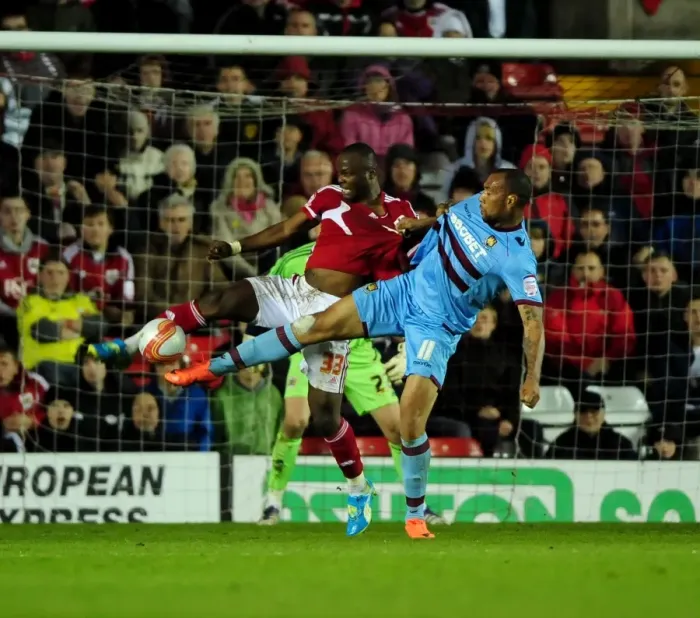 Framed Print : Bristol City vs. West Ham: Andreas Amougou vs. John Carew - Football Rivalry at Ashton Gate Stadium (17 / 04 / 2012) Framed Print : Bristol City vs. West Ham: Andreas Amougou vs. John Carew - Football Rivalry at Ashton Gate Stadium (17 / 04 / 2012)