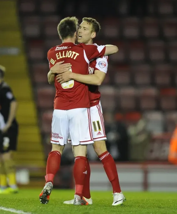 Framed Print : Bristol City: Wagstaff and Elliott's Thrilling Celebration After Win Against Swindon Town Framed Print : Bristol City: Wagstaff and Elliott's Thrilling Celebration After Win Against Swindon Town