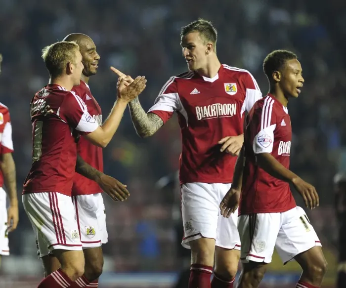 Framed Print : Bristol City: Wagstaff and Flint's Euphoric Moment as They Celebrate Goal Against Crystal Palace, 2013 Framed Print : Bristol City: Wagstaff and Flint's Euphoric Moment as They Celebrate Goal Against Crystal Palace, 2013