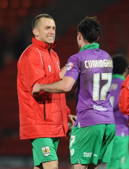 Framed Print : Bristol City: Wilbraham and Cunningham Celebrate Thrilling Win Over Doncaster Rovers