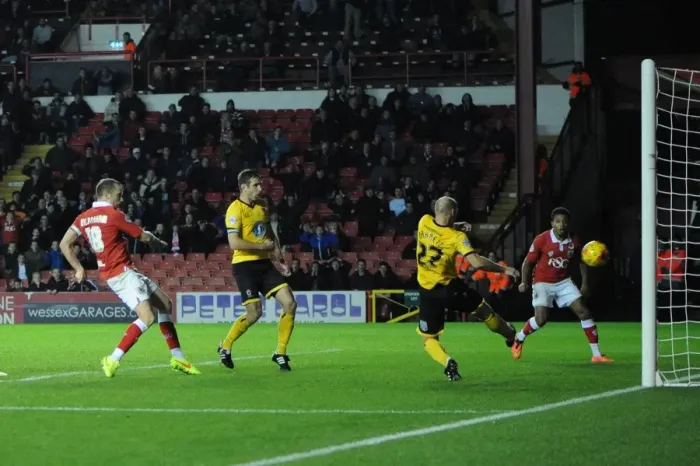 Framed Print : Bristol City's Aaron Wilbraham Scores the Game-Winning Goal Against AFC Wimbledon in the Johnstone's Paint Trophy at Ashton Gate Framed Print : Bristol City's Aaron Wilbraham Scores the Game-Winning Goal Against AFC Wimbledon in the Johnstone's Paint Trophy at Ashton Gate