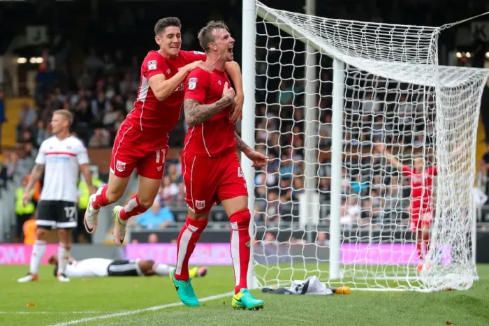 Framed Print : Bristol City's Aden Flint and Callum O'Dowda Celebrate 0-4 Goal Against Fulham, Sky Bet EFL Championship, 2016 Framed Print : Bristol City's Aden Flint and Callum O'Dowda Celebrate 0-4 Goal Against Fulham, Sky Bet EFL Championship, 2016