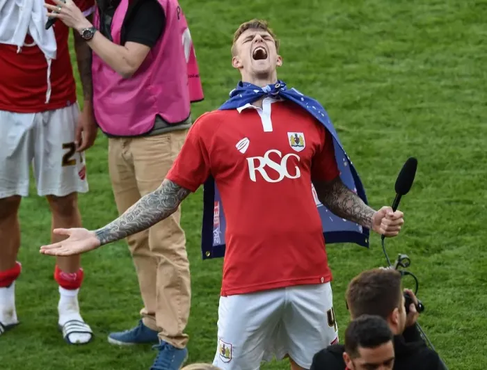 Framed Print : Bristol City's Aden Flint Celebrates Queens Framed Print : Bristol City's Aden Flint Celebrates Queens