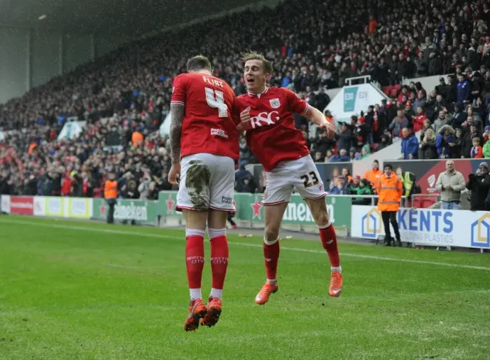Framed Print : Bristol City's Aden Flint and Joe Bryan Celebrate Double Strike Against Ipswich Town