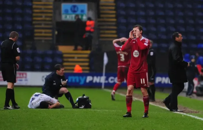 Framed Print : Bristol City's Agony: Martyn Woolford Witnesses Conor McLaughlin's Devastating Injury vs Preston North End (Feb 2011) Framed Print : Bristol City's Agony: Martyn Woolford Witnesses Conor McLaughlin's Devastating Injury vs Preston North End (Feb 2011)