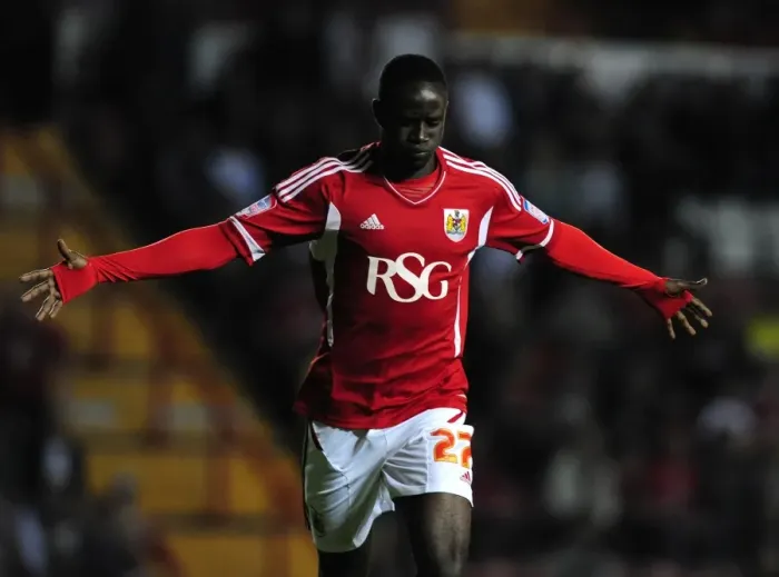 Framed Print : Bristol City's Albert Adomah Celebrates Goal Against Reading in Championship Match, September 2011